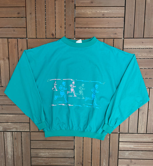 Cross Country Running Graphic Crewneck | Size Large | Vintage 1990s Teal Promotional Sweater |