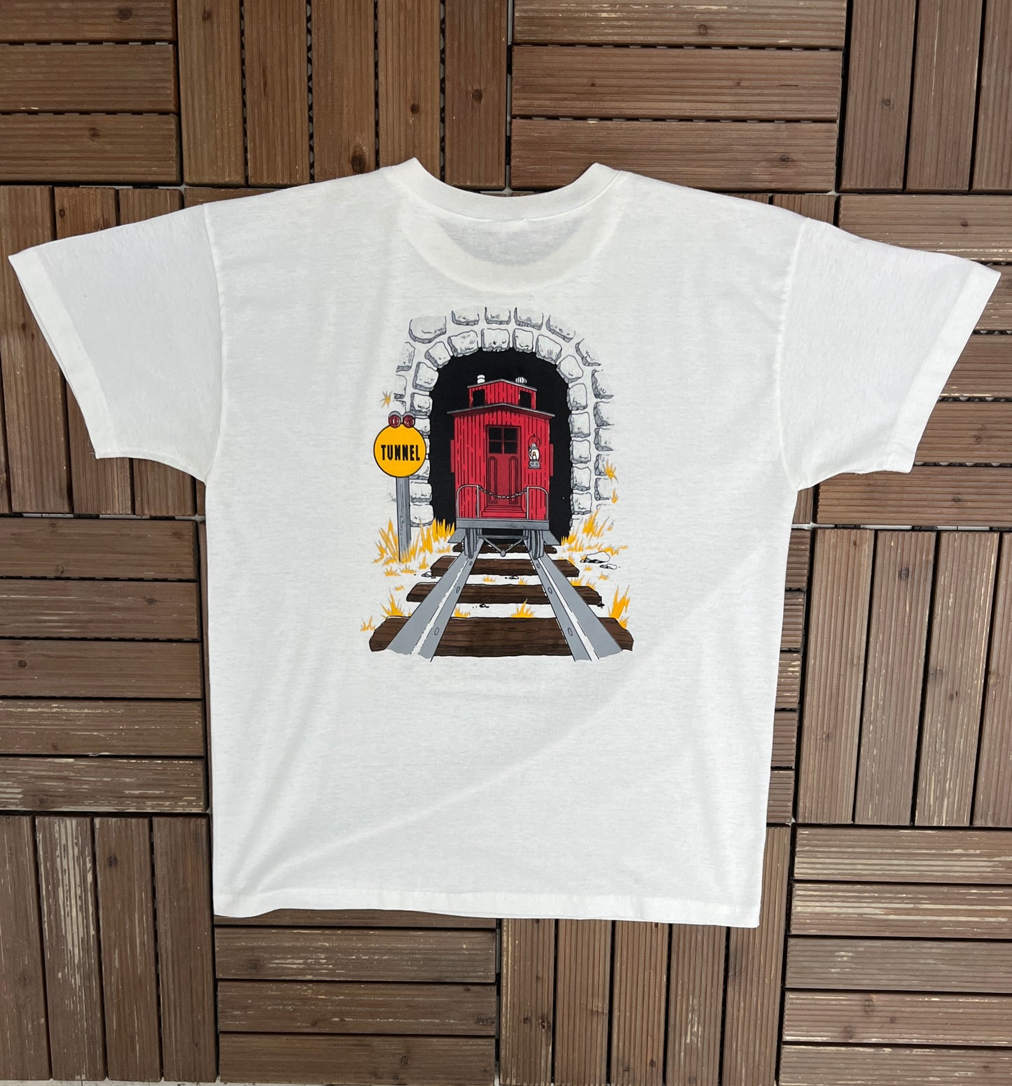 Train Tunnel Graphic Tee | Size X-Large | Vintage 1990s Promotional White T-Shirt |