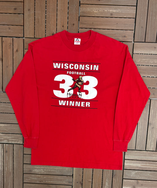 Wisconsin Badgers Ron Dayne Heisman Graphic Tee | Size Large | Vintage 1990s College Red Long Sleeve |