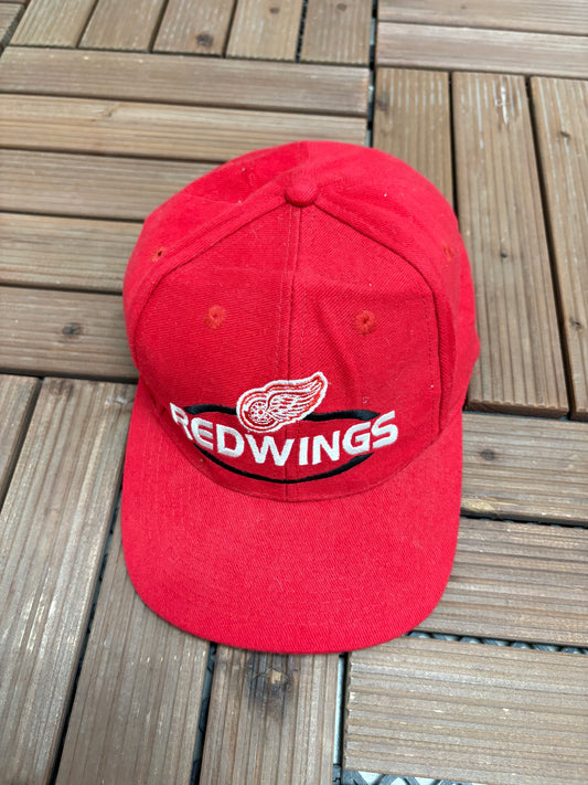 Detroit Red Wings Embroidered Graphic Hat | Strap Back | Vintage 1990s Logo 7 NHL Hockey Red Cap |