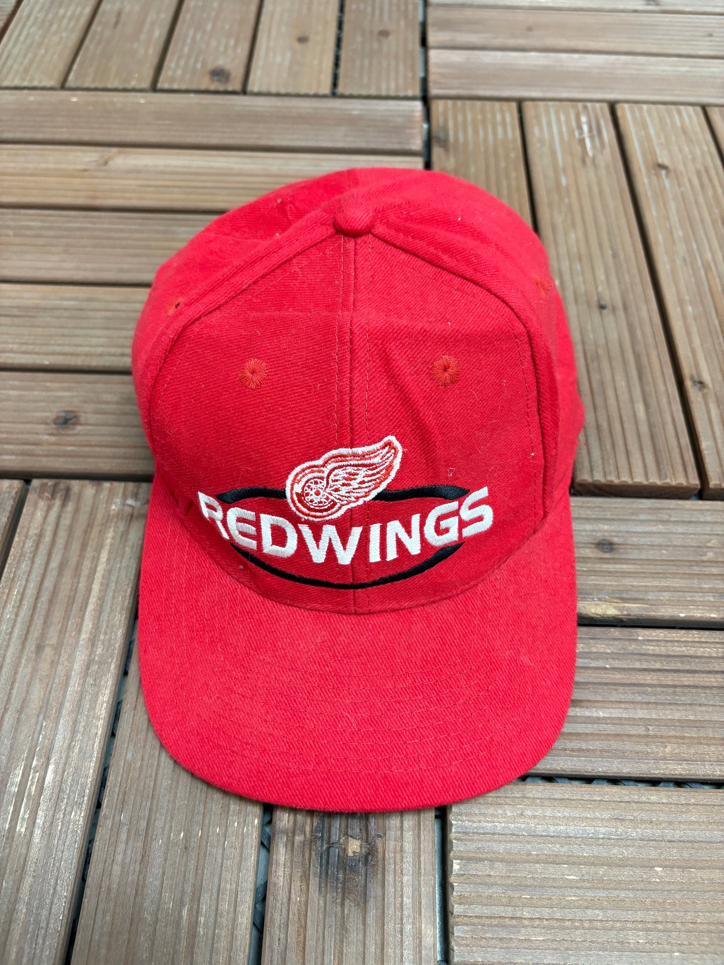 Detroit Red Wings Embroidered Graphic Hat | Strap Back | Vintage 1990s Logo 7 NHL Hockey Red Cap |
