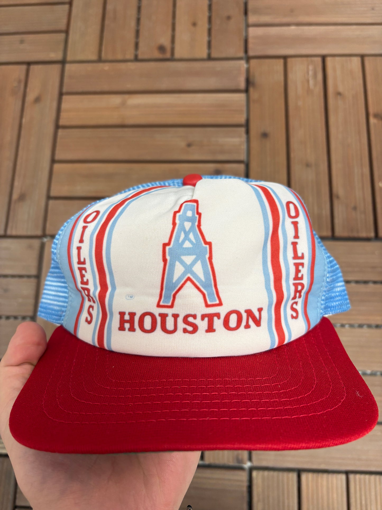 Houston Oilers Graphic Hat | Snap Back | Vintage 1980s New Era NFL Football Light Blue Cap |