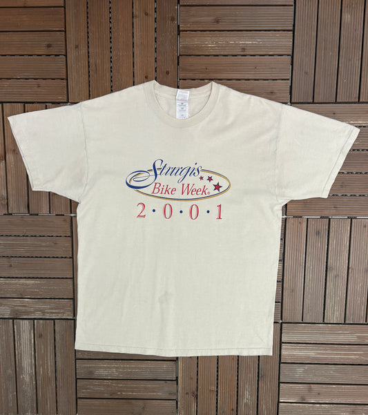 Sturgis Bike Week 2001 Graphic Tee | Size X-Large | Vintage 2000s Biker Motorcycle Beige T-Shirt |
