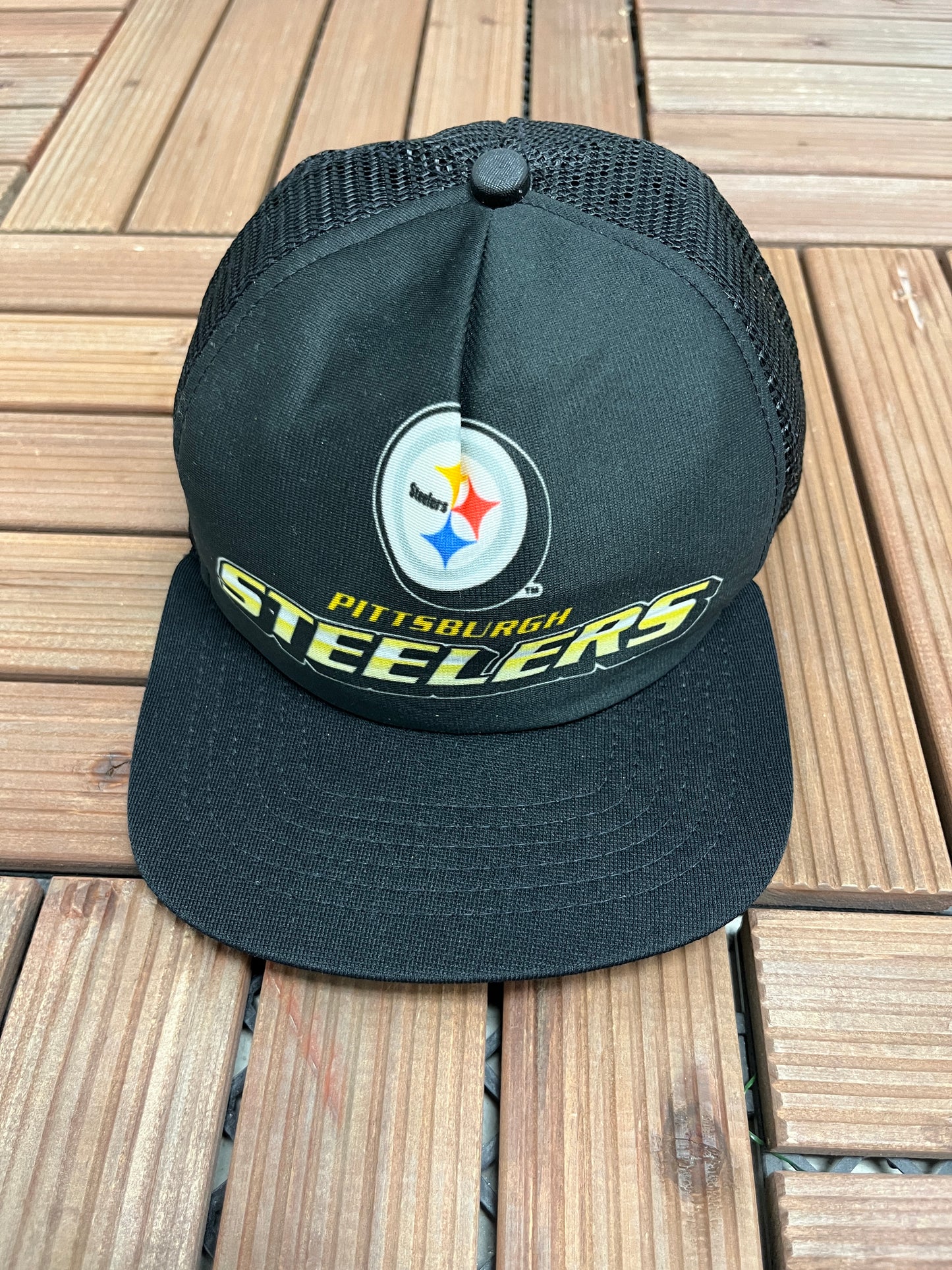 Pittsburgh Steelers Graphic Hat | Snap Back | Vintage 1990s NFL Football Black Cap |