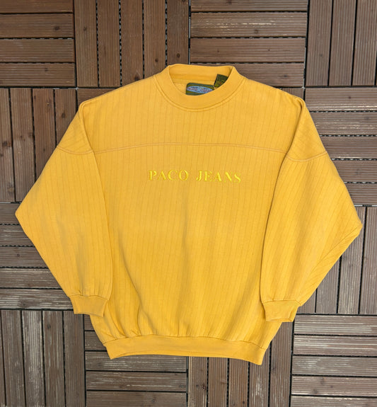 Paco Jeans Embroidered Graphic Crewneck | Size X-Large | Vintage 2000s Branded Yellow Sweater |