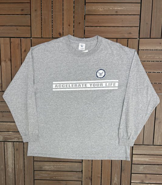 United States Navy Accelerate Your Life Graphic Tee | Size X-Large | Vintage 1990s Military Grey Long Sleeve |