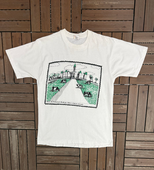 Cows At Parliament Buildings Graphic Tee | Size Large | Vintage 1990s Funny White T-Shirt |
