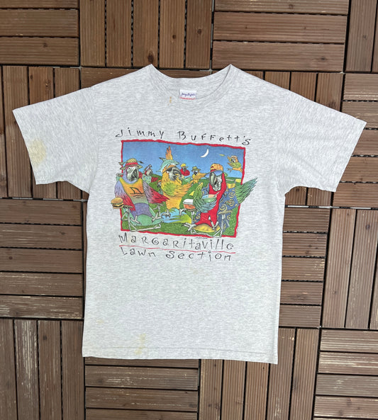 Jimmy Buffett's Margaritaville Lawn Section Tour '98 Graphic Tee | Size Medium | Vintage 1990s Country Music Grey T-Shirt |