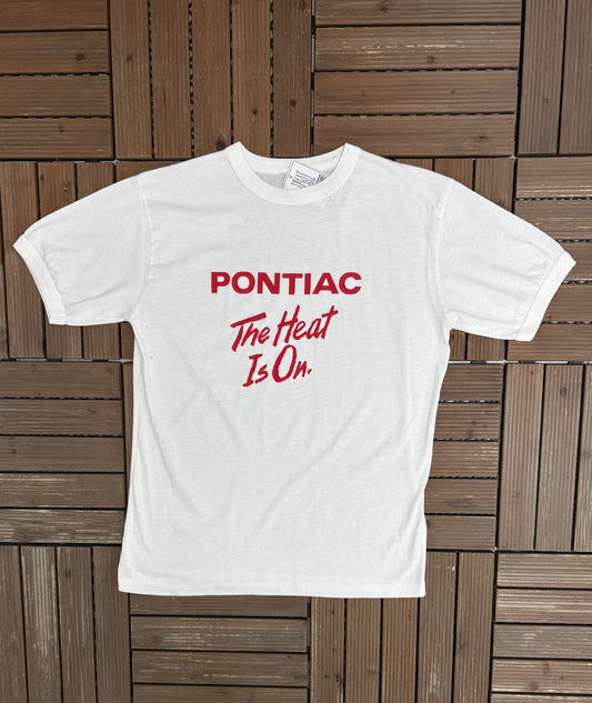 Pontiac The Heat Is On Graphic Tee | Size Large | Vintage 1980s Car Promotional White T-Shirt |