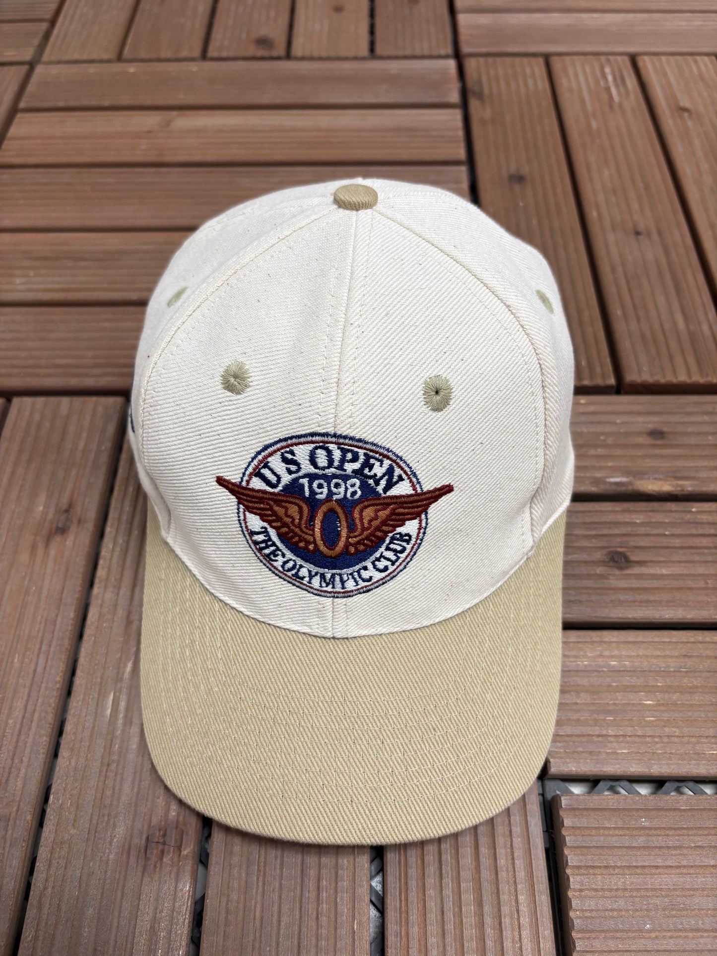 US Open 1998 Olympic Club Graphic Hat | Metal Clasp | Vintage 1990s Golf Tournament Beige Cap |