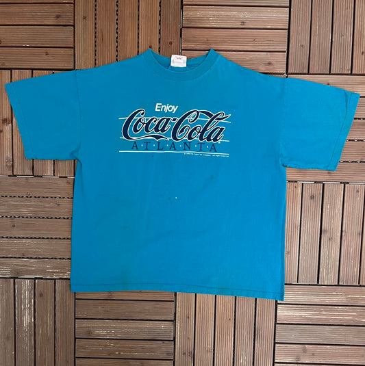 Enjoy Coca-Cola Atlanta Graphic Tee | Size X-Large | Vintage 1990s Beverage Promotional Teal T-Shirt |