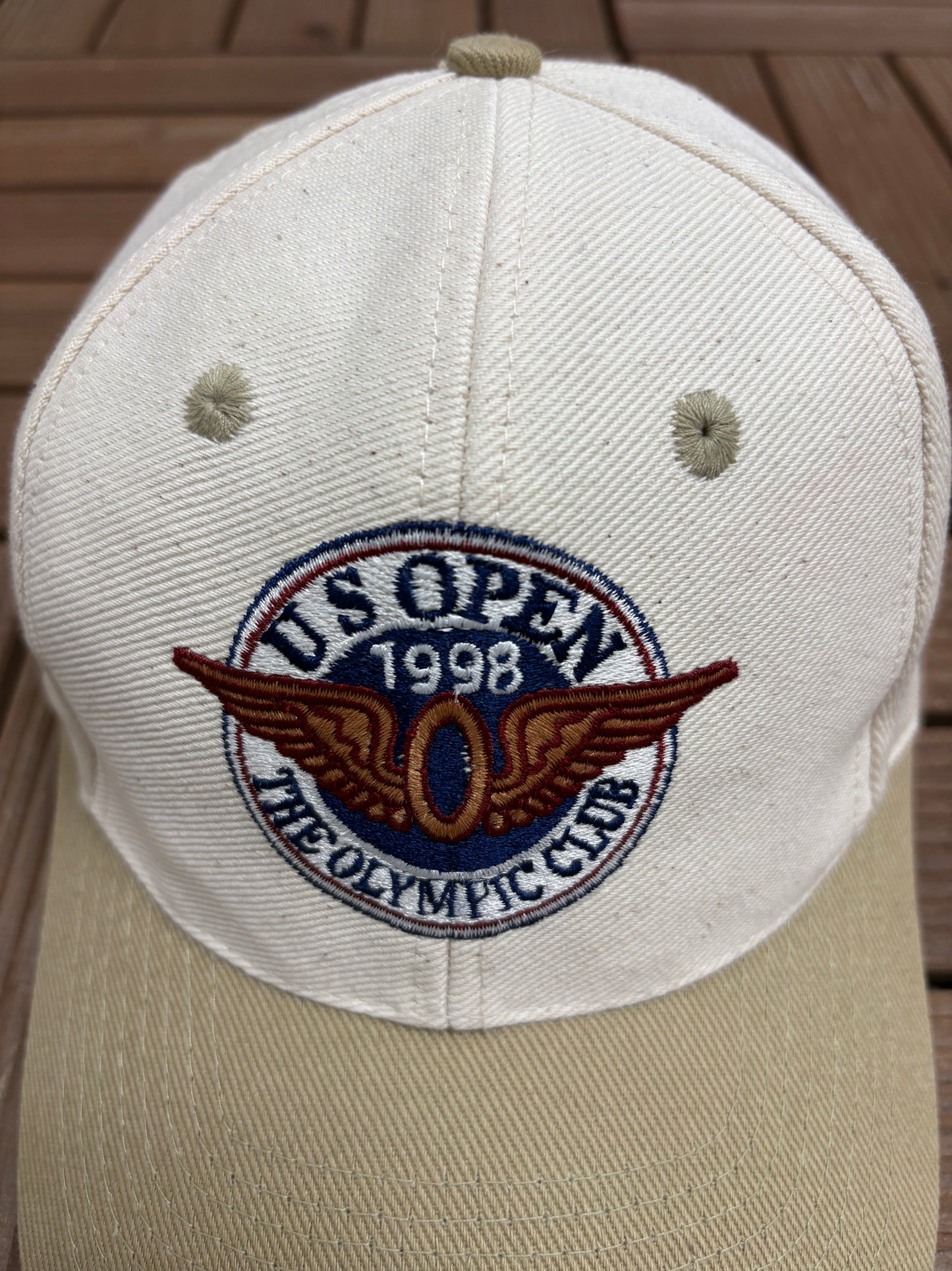 US Open 1998 Olympic Club Graphic Hat | Metal Clasp | Vintage 1990s Golf Tournament Beige Cap |
