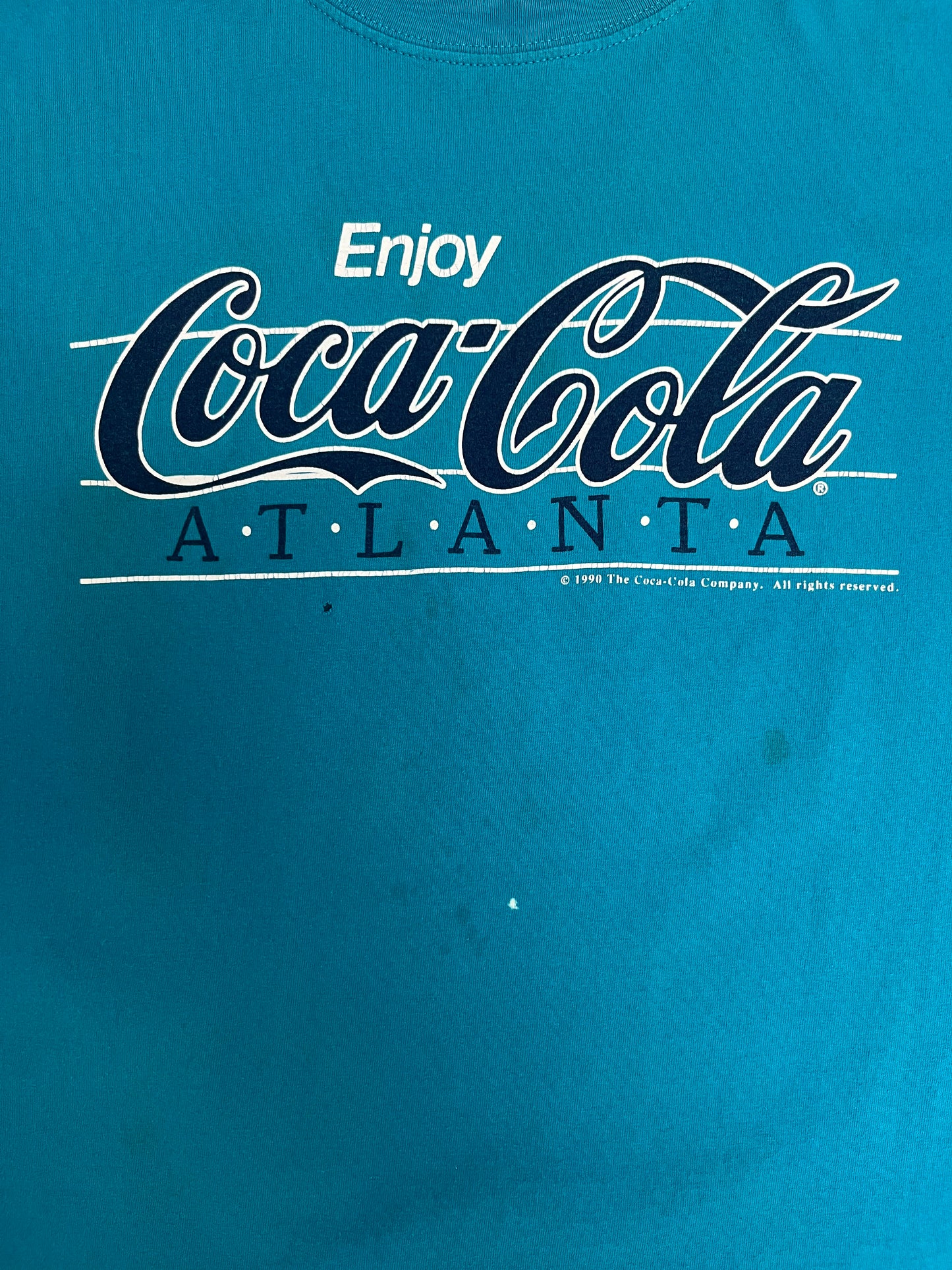 Enjoy Coca-Cola Atlanta Graphic Tee | Size X-Large | Vintage 1990s Beverage Promotional Teal T-Shirt |