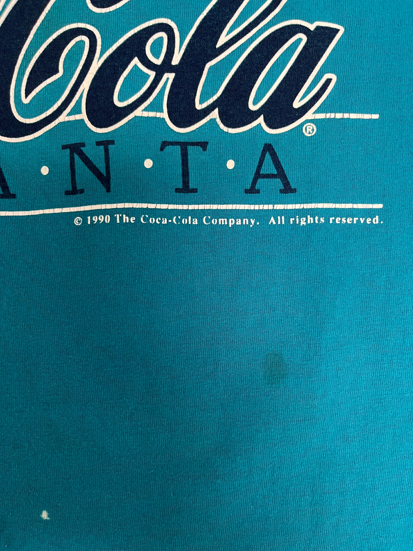 Enjoy Coca-Cola Atlanta Graphic Tee | Size X-Large | Vintage 1990s Beverage Promotional Teal T-Shirt |