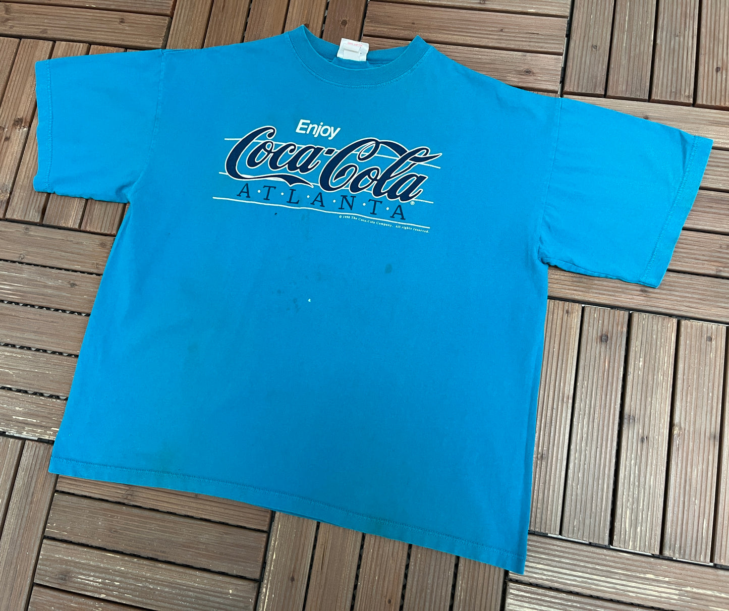 Enjoy Coca-Cola Atlanta Graphic Tee | Size X-Large | Vintage 1990s Beverage Promotional Teal T-Shirt |