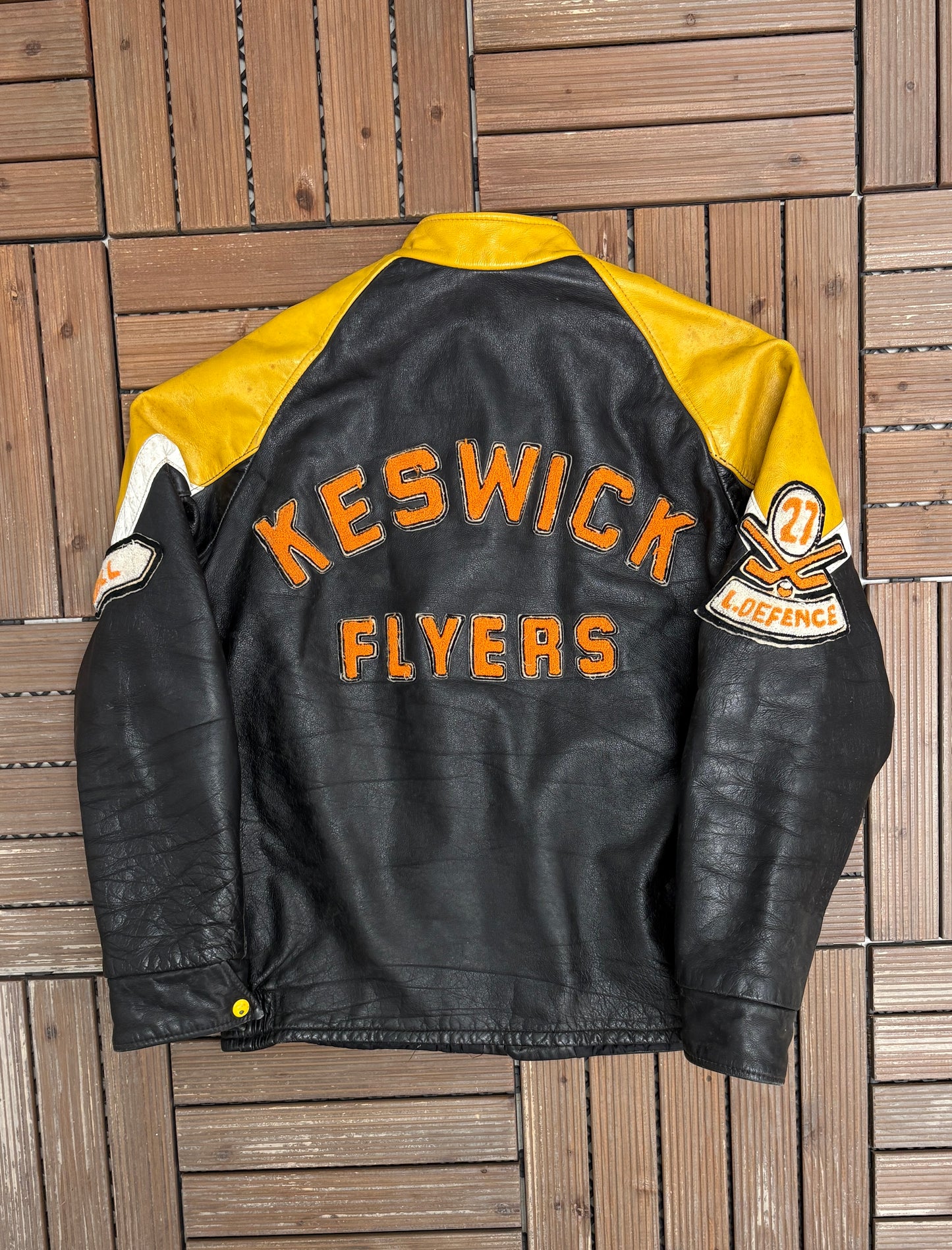 Keswick Flyers Graphic Jacket | Size Small | Vintage 1990s Leather Varsity Black Jacket |