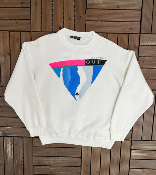 Keystone, Colorado Whiteout Graphic Crewneck | Size Small | Vintage 1990s Tourist White Sweater |