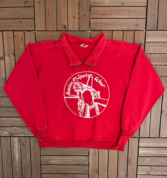 Aviation Sports Wear Graphic Hoodie | Size Large | Vintage 1990s Promotional Red Sweater |