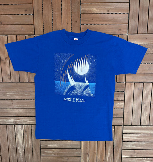 Myrtle Beach Sailboats Graphic Tee | Size X-Large | Vintage 1990s Tourist Blue T-Shirt |