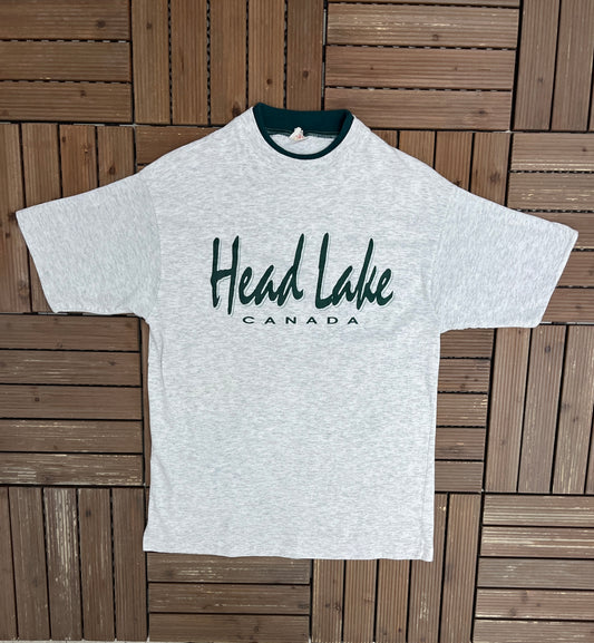 Head Lake, Canada Graphic Tee | Size Medium | Vintage 1990s Tourist Grey T-Shirt |