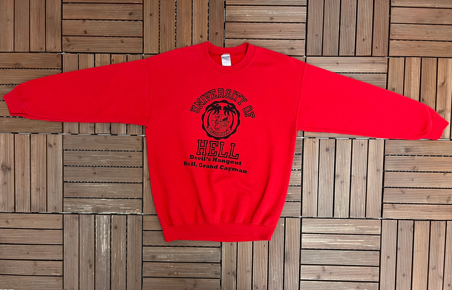 University of Hell Devil's Hangout Graphic Crewneck | Size Large | Vintage 2000s Promotional Red Sweater |