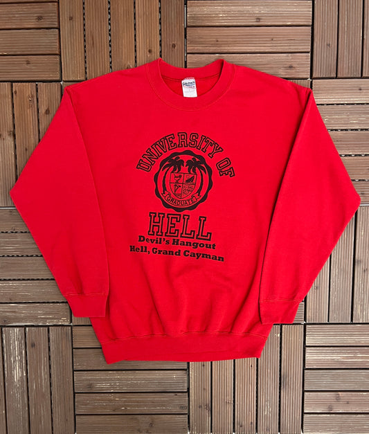 University of Hell Devil's Hangout Graphic Crewneck | Size Large | Vintage 2000s Promotional Red Sweater |