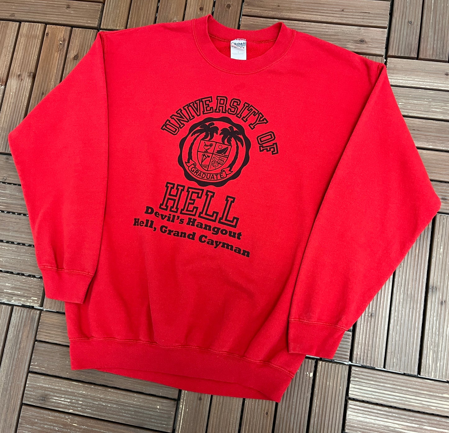 University of Hell Devil's Hangout Graphic Crewneck | Size Large | Vintage 2000s Promotional Red Sweater |