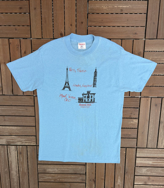 Round Hill Mount Vernon, Ohio Graphic Tee | Size Large | Vintage 1990s Tourist Blue T-Shirt |