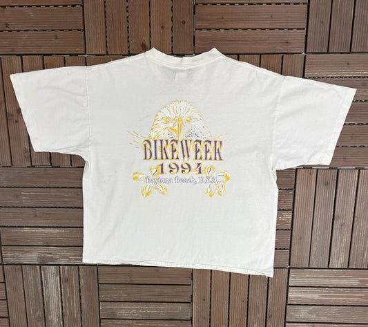 Daytona Beach Bike Week 1994 Graphic Tee | Size Large | Vintage 1990s Motorcycle Biker White T-Shirt |