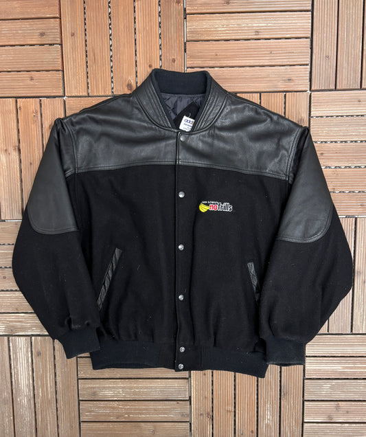 No Frills Supermarket Graphic Jacket | Size X-Large | Vintage 1990s Varsity Black Jacket |