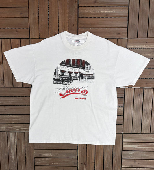 Cheers Boston Graphic Tee | Size X-Large | Vintage 1990s Promotional White T-Shirt |