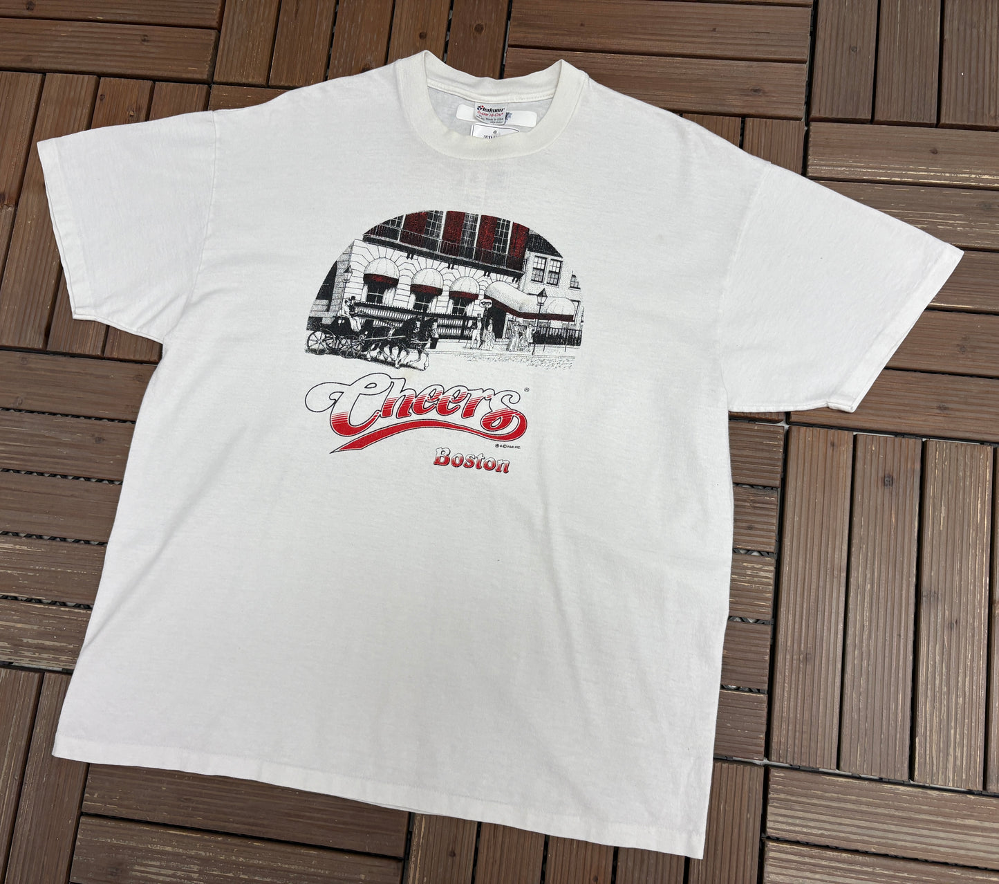 Cheers Boston Graphic Tee | Size X-Large | Vintage 1990s Promotional White T-Shirt |