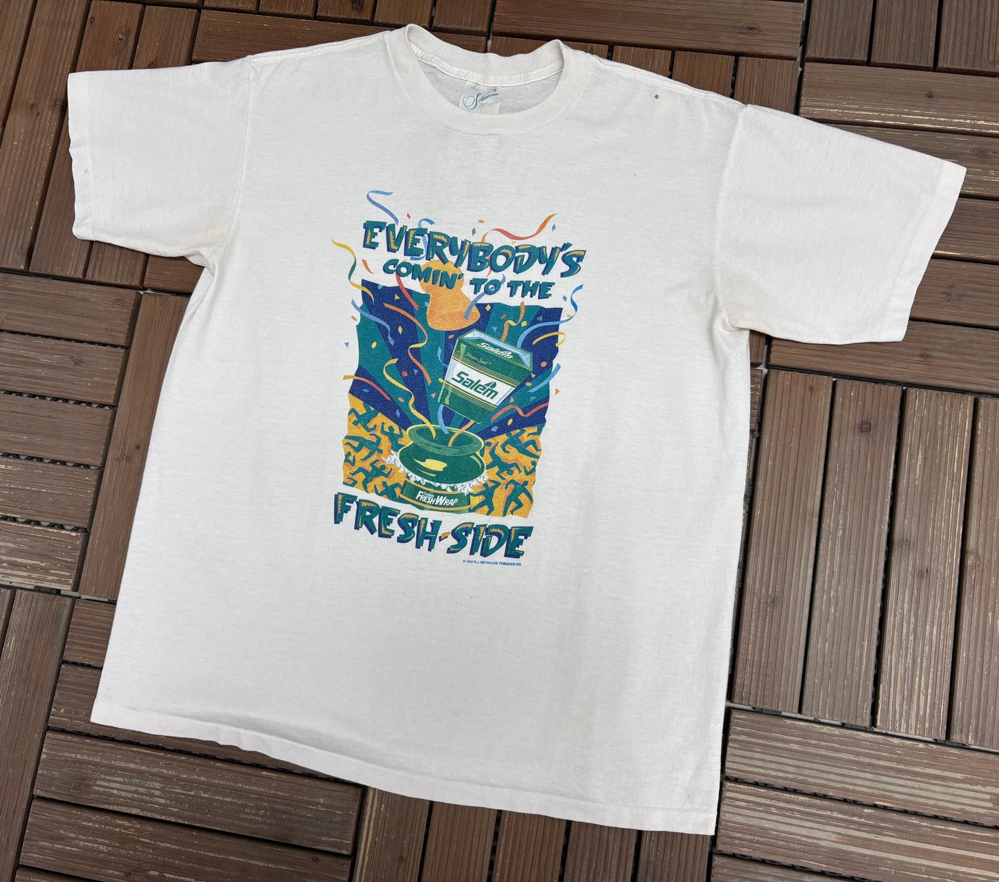 Salem Cigarettes Everybody's Comin' To The Fresh Side Graphic Tee | Size X-Large | Vintage 1990s Single Stitch White T-Shirt |