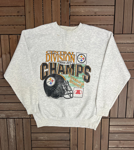 Pittsburgh Steelers 1994 AFC Champs Graphic Crewneck | Size X-Large | Vintage 1990s NFL Football Grey Sweater |