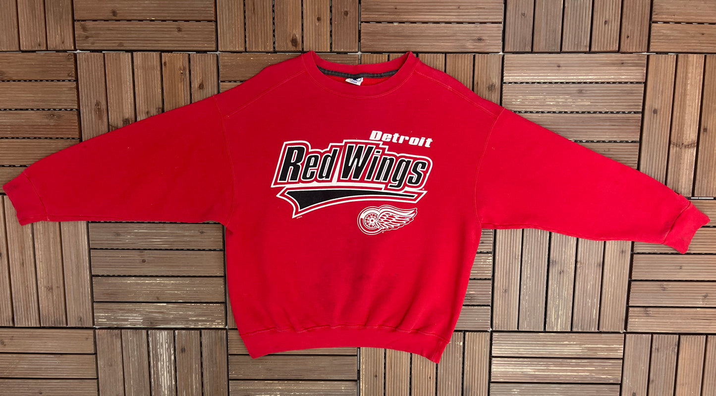 Detroit Red Wings Graphic Crewneck | Size Large | Vintage 1990s NHL Hockey Red Sweater |