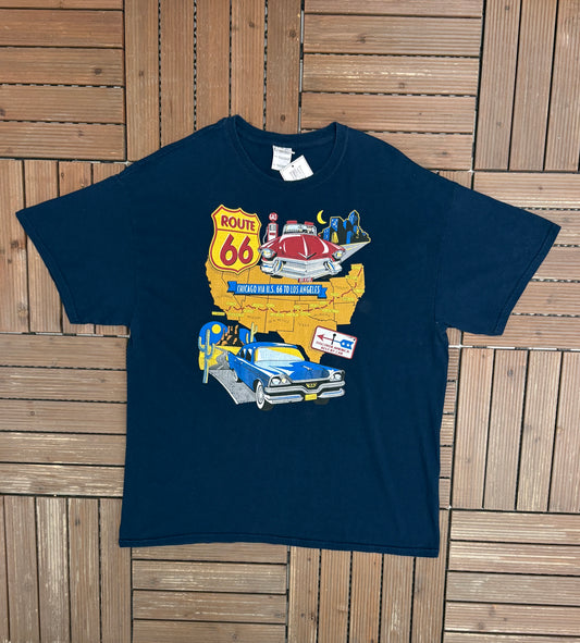 Route 66 Discover America Best By Car Graphic Tee | Size X-Large | Vintage 2000s Promotional Blue T-Shirt |