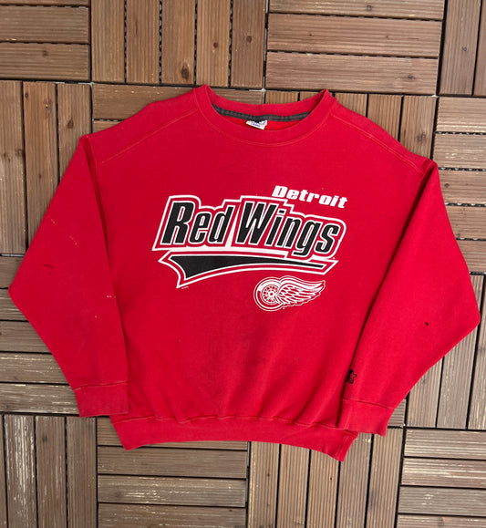 Detroit Red Wings Graphic Crewneck | Size Large | Vintage 1990s NHL Hockey Red Sweater |