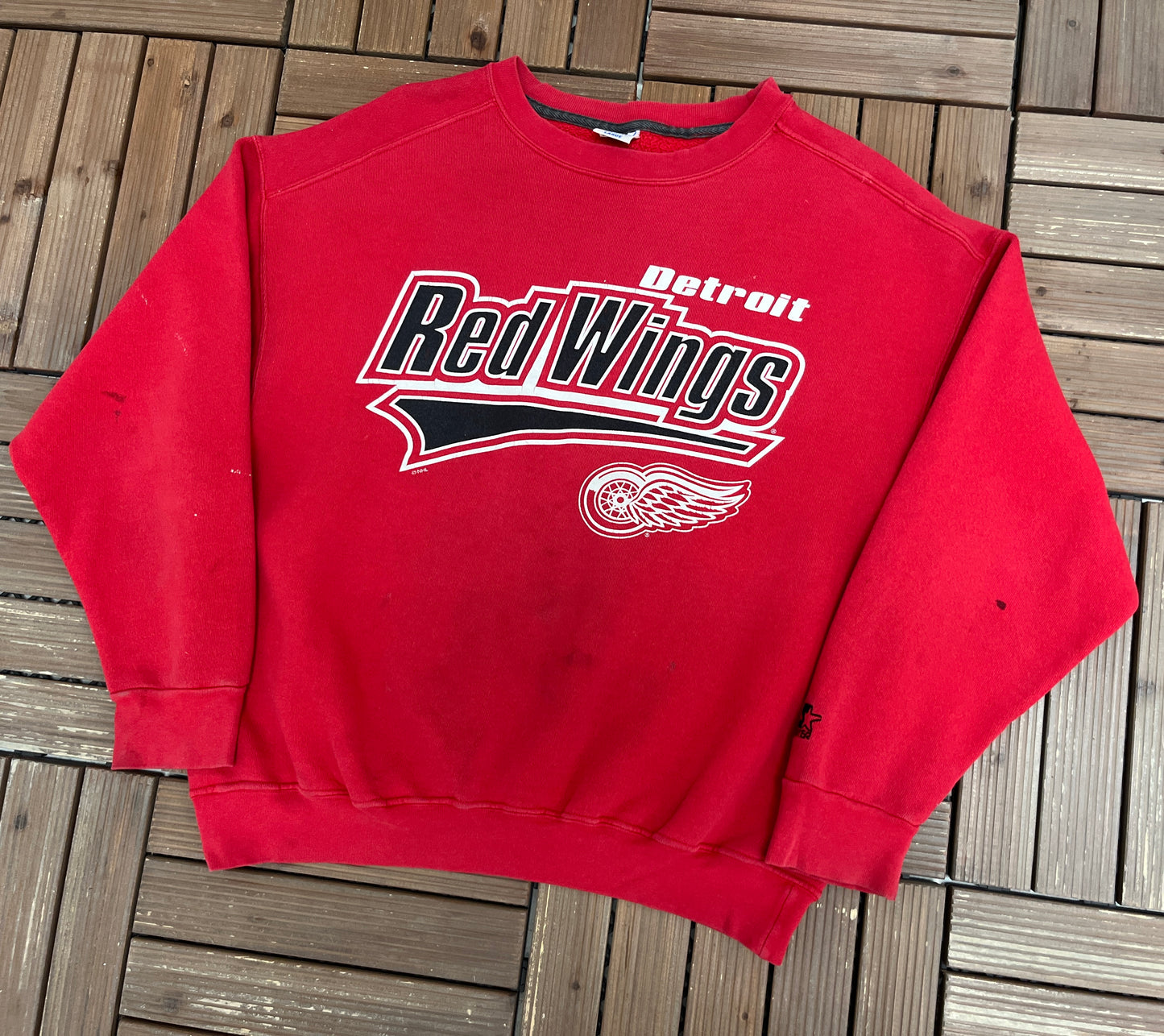 Detroit Red Wings Graphic Crewneck | Size Large | Vintage 1990s NHL Hockey Red Sweater |