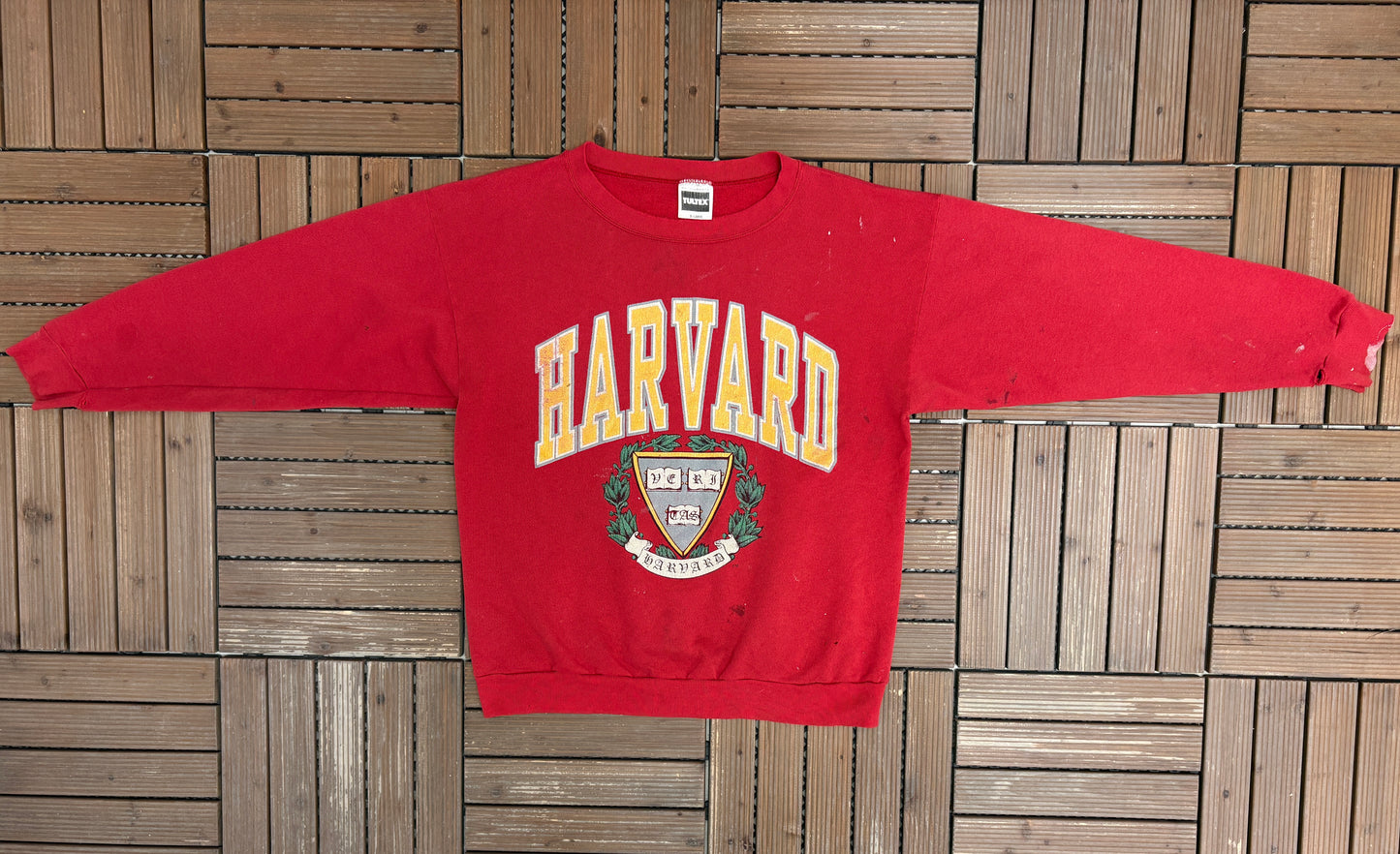 Harvard Crimson Graphic Crewneck | Size X-Large | Vintage 1990s College Distressed Red Sweater |