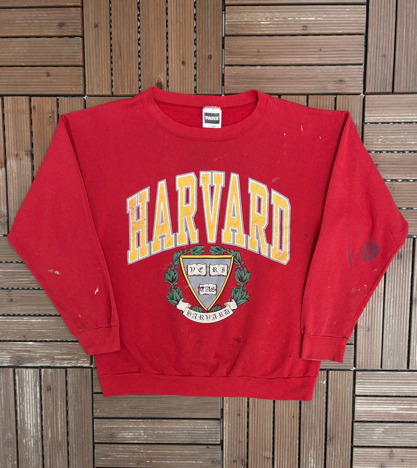 Harvard Crimson Graphic Crewneck | Size X-Large | Vintage 1990s College Distressed Red Sweater |
