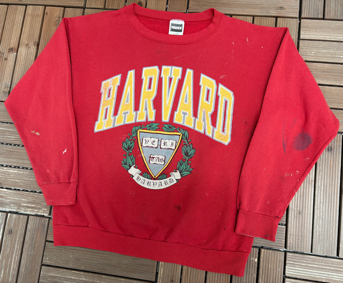 Harvard Crimson Graphic Crewneck | Size X-Large | Vintage 1990s College Distressed Red Sweater |