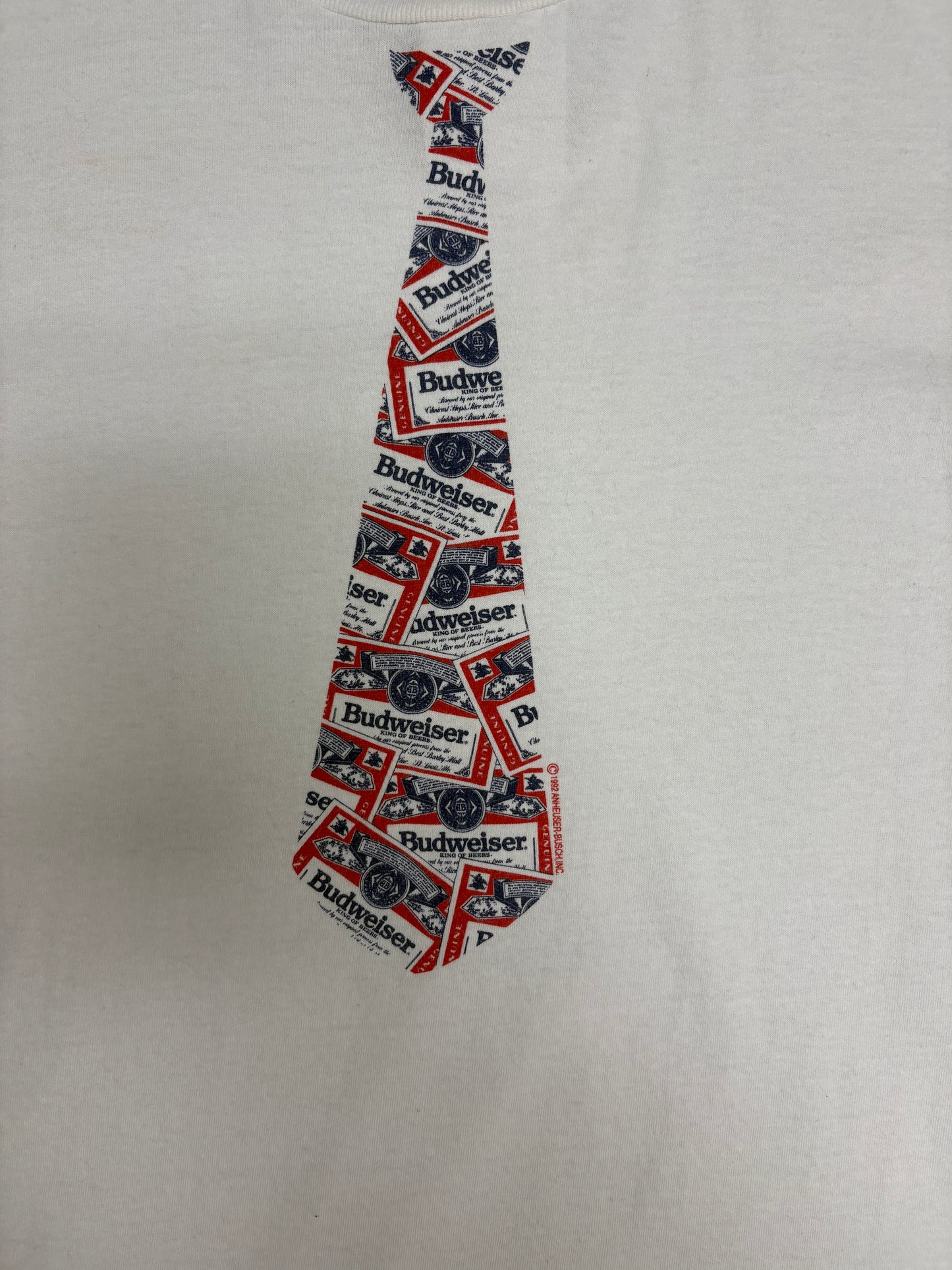 Budweiser King Of Beers Tie Graphic Tee | Size X-Large | Vintage 1990s Promotional White T-Shirt |