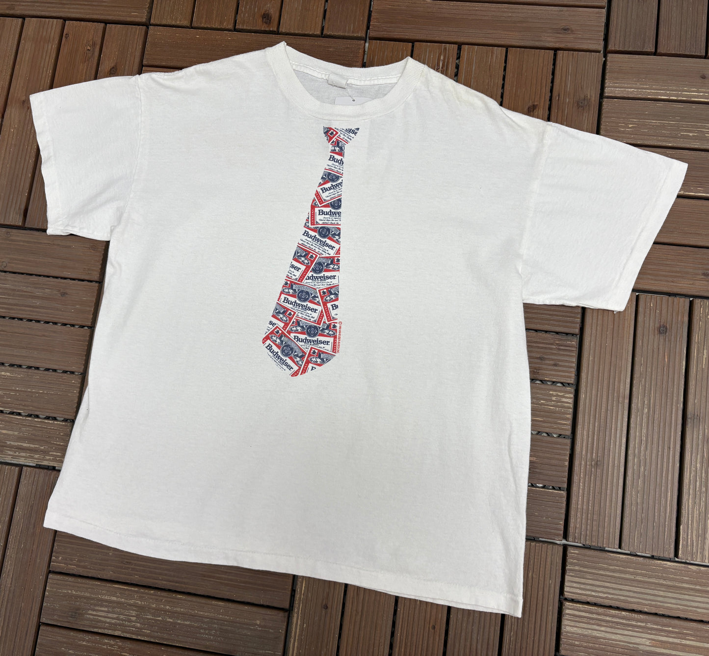 Budweiser King Of Beers Tie Graphic Tee | Size X-Large | Vintage 1990s Promotional White T-Shirt |