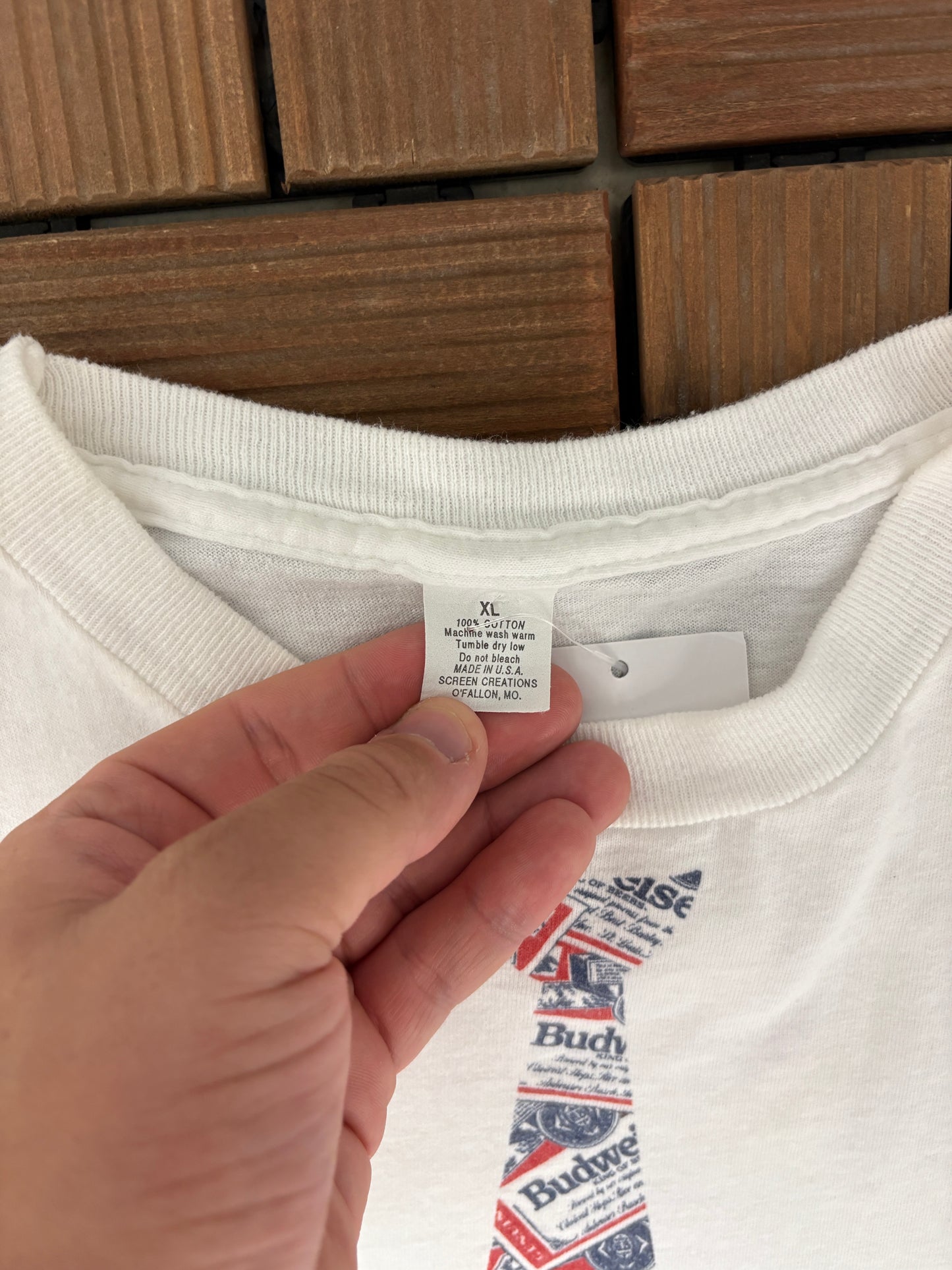 Budweiser King Of Beers Tie Graphic Tee | Size X-Large | Vintage 1990s Promotional White T-Shirt |