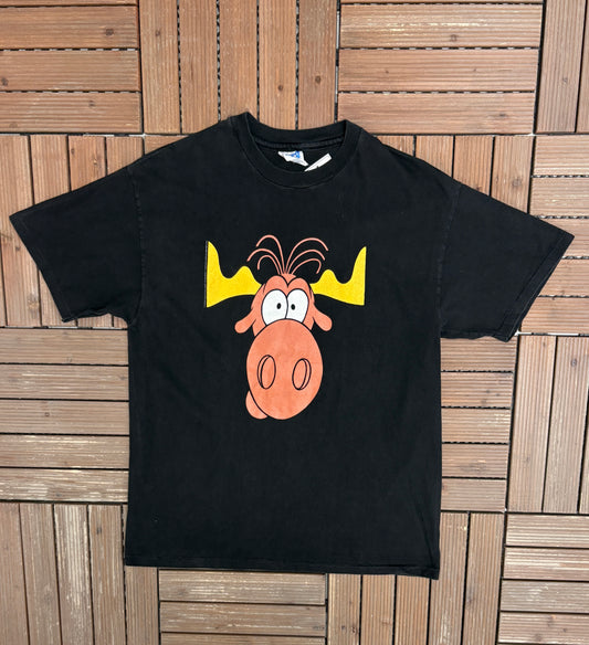 Rocky and Bullwinkle Taco Bell Graphic Tee | Size Large | Vintage 1990s Promotional Single Stitch Black T-Shirt |