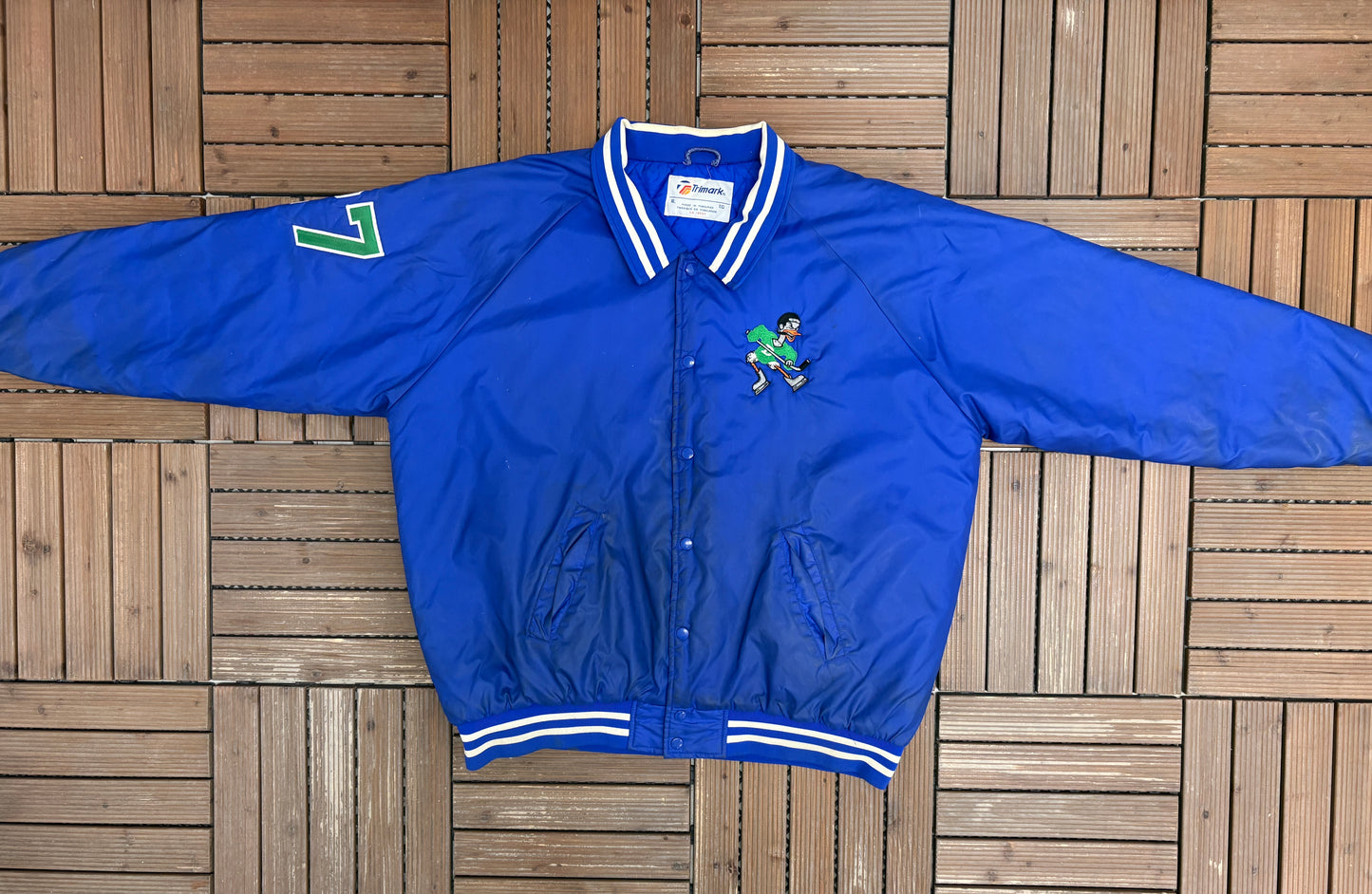 Discount Ducks Hockey Graphic Varsity Jacket | Size X-Large | Vintage 1990s Blue Varsity Bomber Coat |