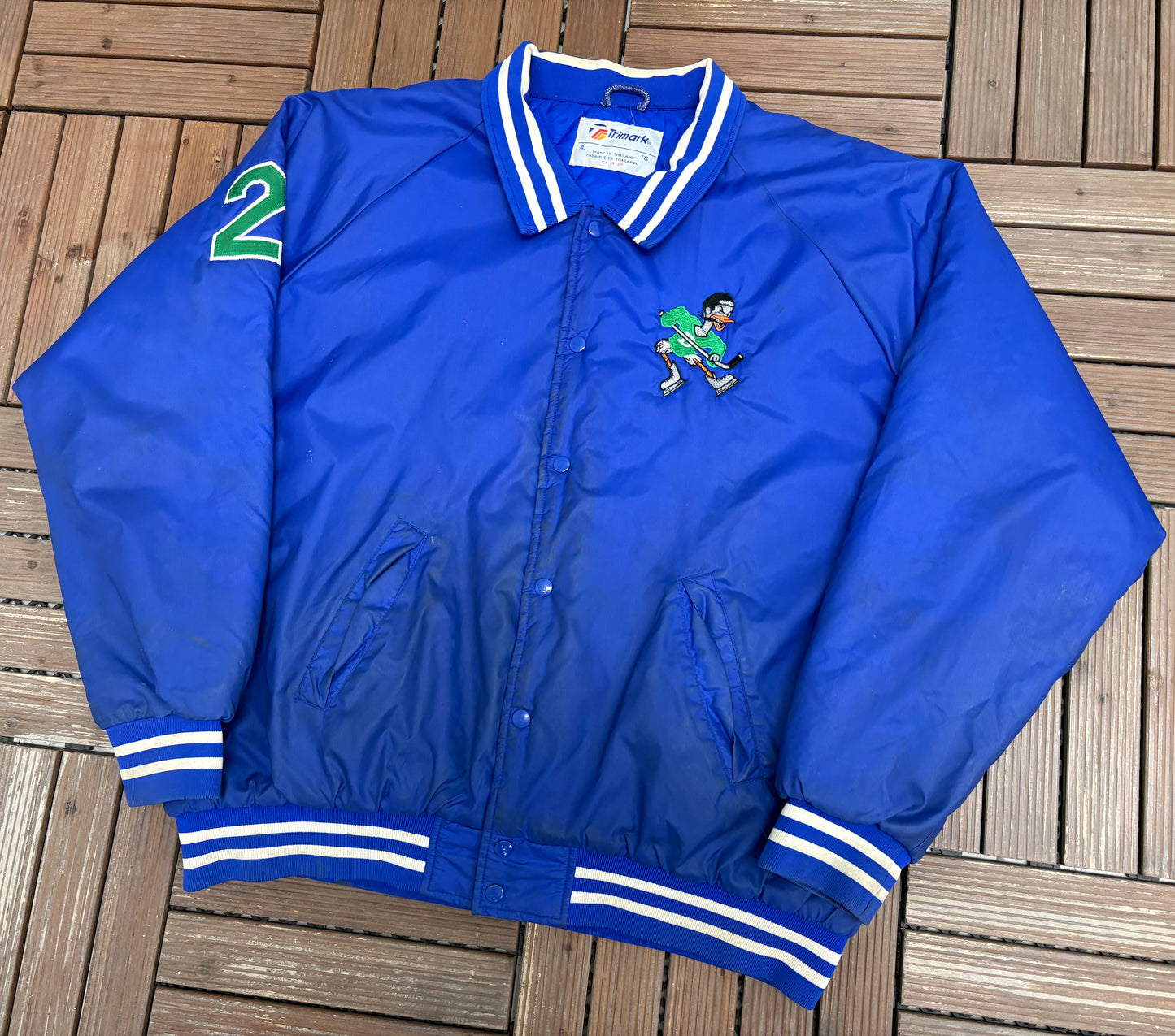 Discount Ducks Hockey Graphic Varsity Jacket | Size X-Large | Vintage 1990s Blue Varsity Bomber Coat |