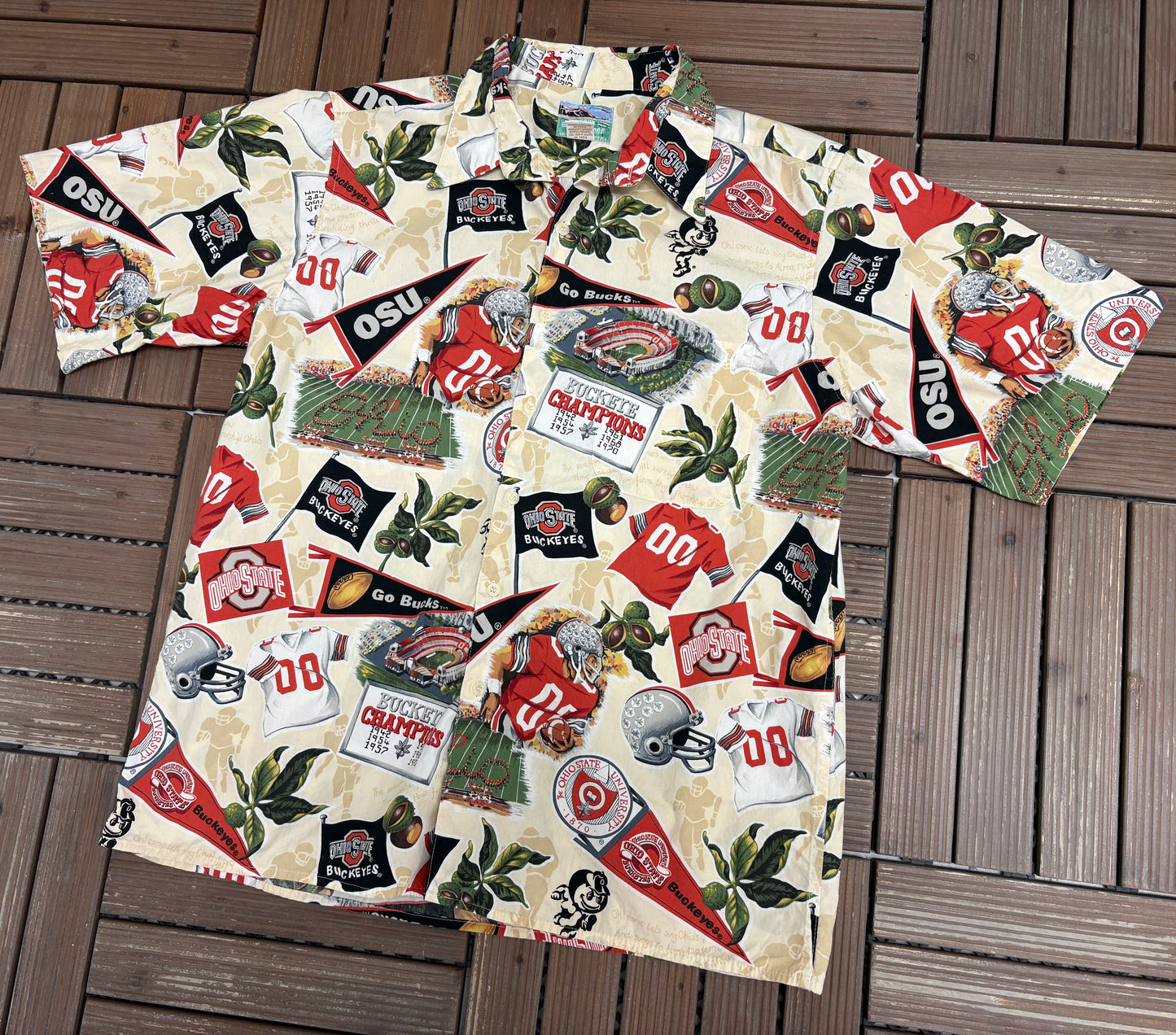 Ohio State Buckeyes Graphic Hawaiian Shirt | Size Large | Vintage 1990s College Hawaiian Shirt |