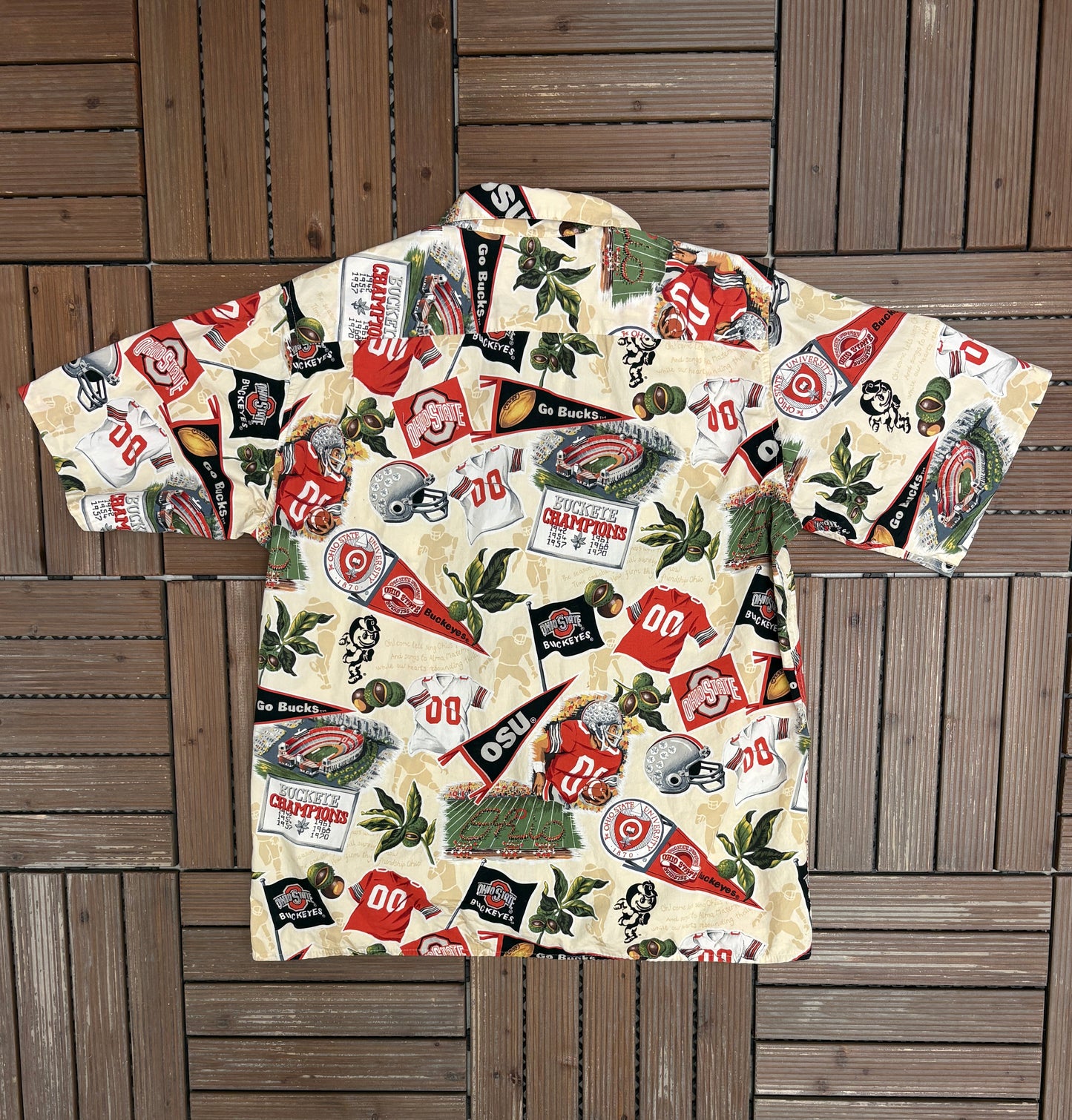 Ohio State Buckeyes Graphic Hawaiian Shirt | Size Large | Vintage 1990s College Hawaiian Shirt |