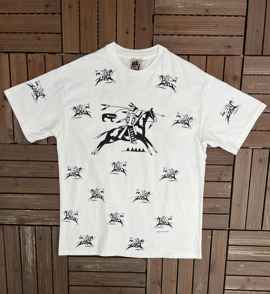 Native Horse Riding Graphic Tee | Size Large | Vintage 1990s Promotional AOP White T-Shirt |